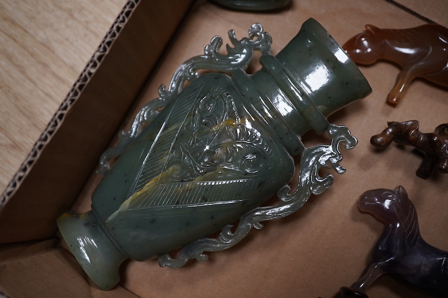 A group of Chinese and jadeite hardstone carvings to include seated figure of Buddha and twin handled censer on hardwood stand, largest 19cm high. Condition - fair to good